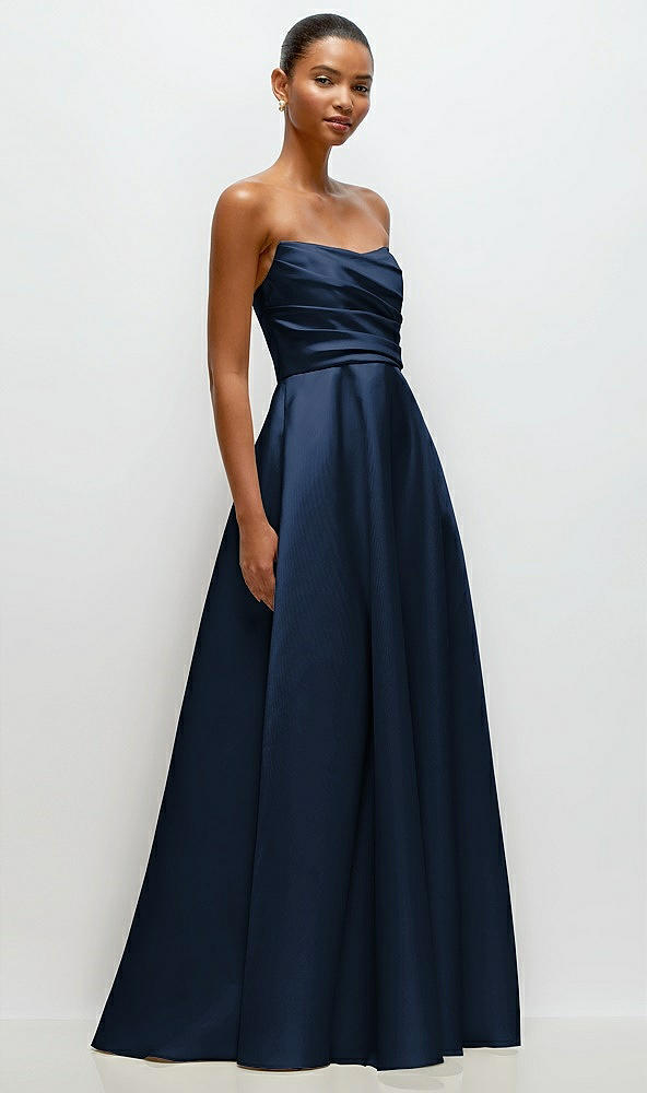 Front View - Midnight Navy Strapless Draped Cat-Eye Satin Maxi Dress with Full Skirt