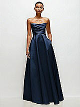 Side View Thumbnail - Midnight Navy Strapless Draped Cat-Eye Satin Maxi Dress with Full Skirt