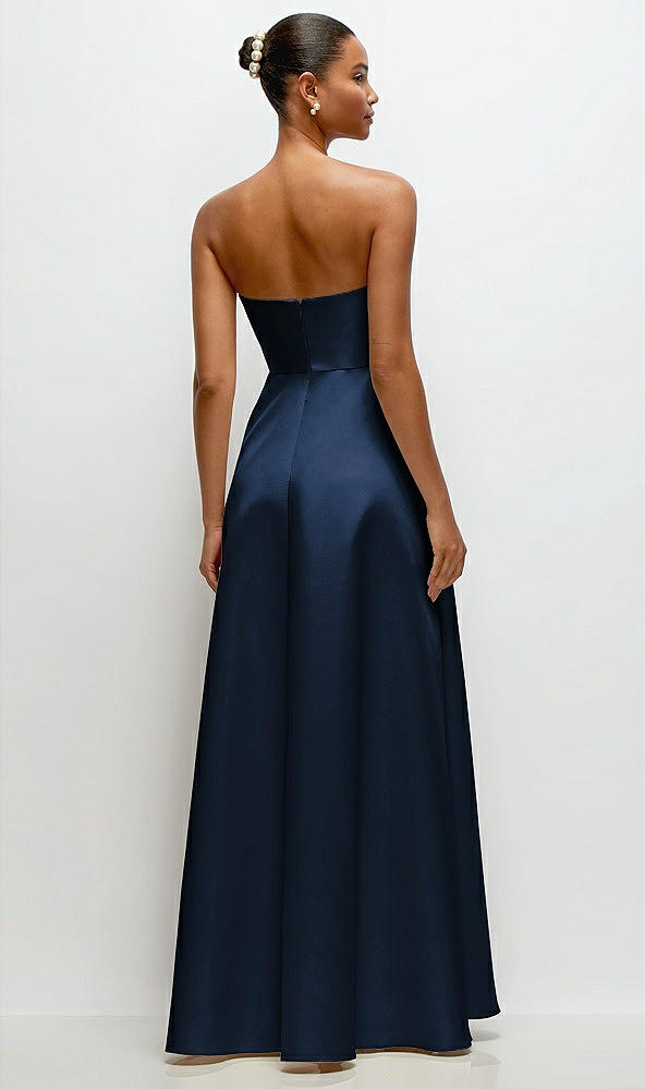 Back View - Midnight Navy Strapless Draped Cat-Eye Satin Maxi Dress with Full Skirt