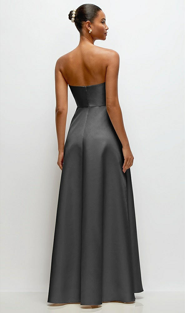 Back View - Pewter Strapless Draped Cat-Eye Satin Maxi Dress with Full Skirt