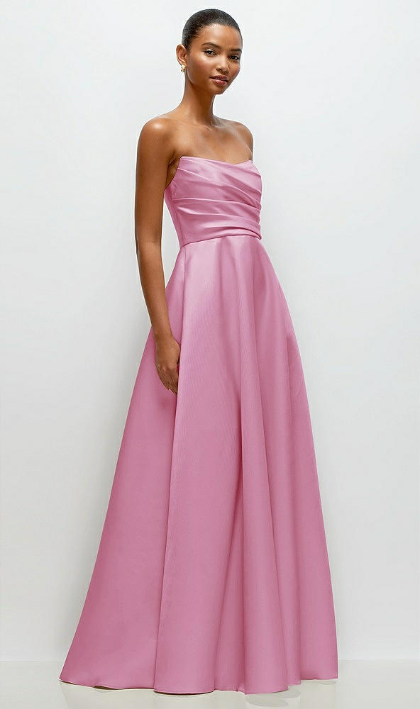 Front View - Powder Pink Strapless Draped Cat-Eye Satin Maxi Dress with Full Skirt