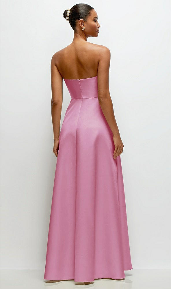 Back View - Powder Pink Strapless Draped Cat-Eye Satin Maxi Dress with Full Skirt