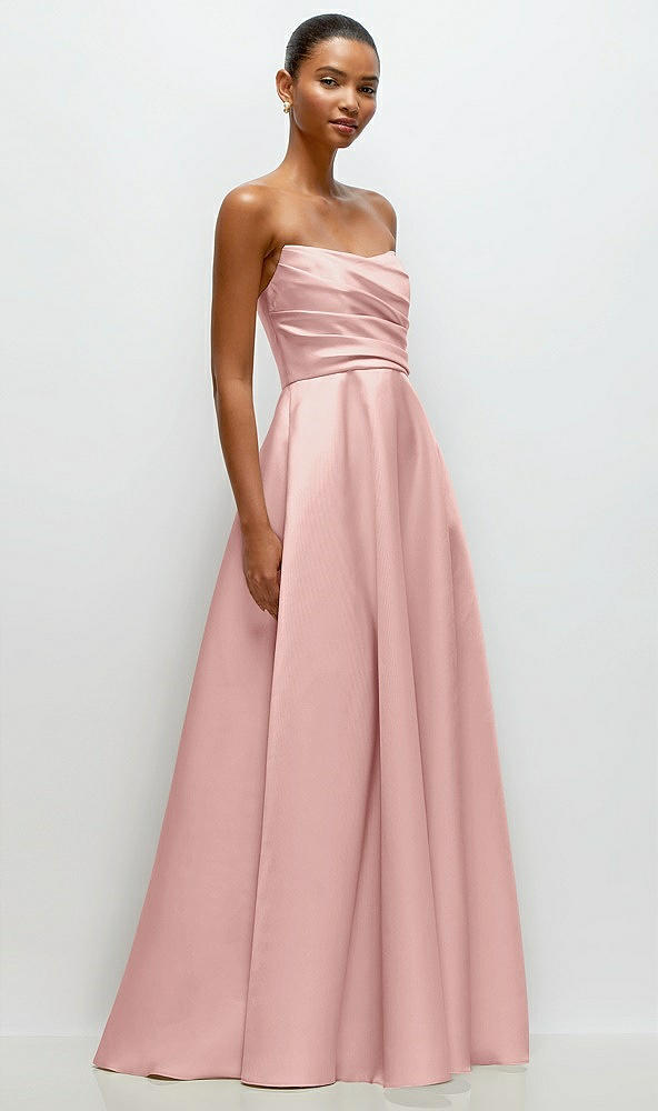 Front View - Rose - PANTONE Rose Quartz Strapless Draped Cat-Eye Satin Maxi Dress with Full Skirt