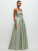 Front View Thumbnail - Sage Strapless Draped Cat-Eye Satin Maxi Dress with Full Skirt