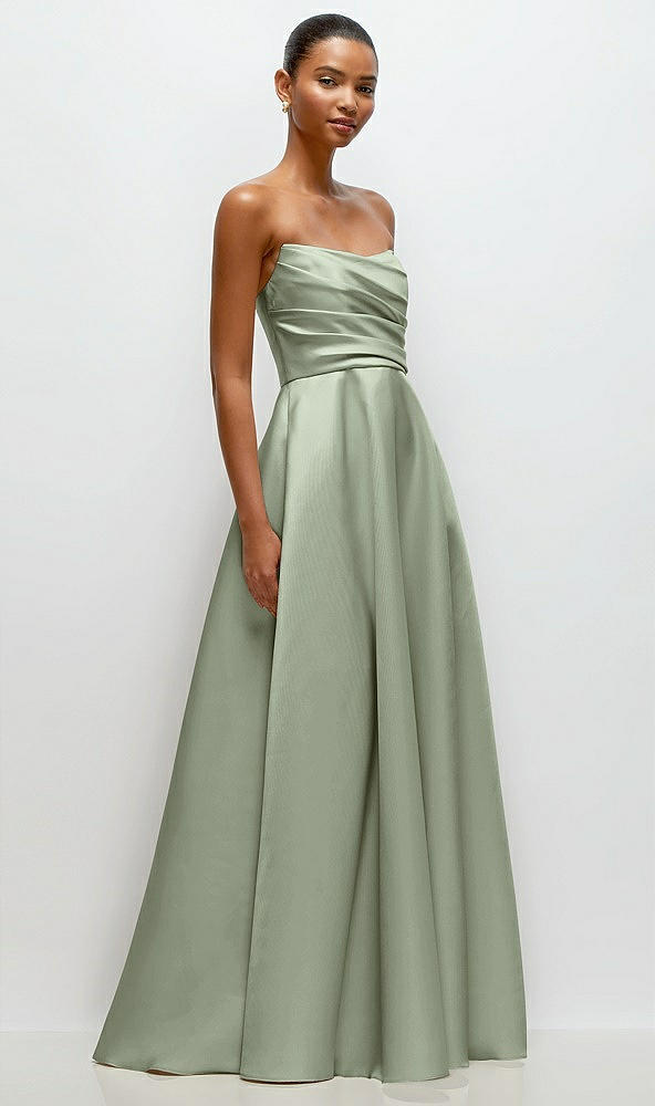 Front View - Sage Strapless Draped Cat-Eye Satin Maxi Dress with Full Skirt