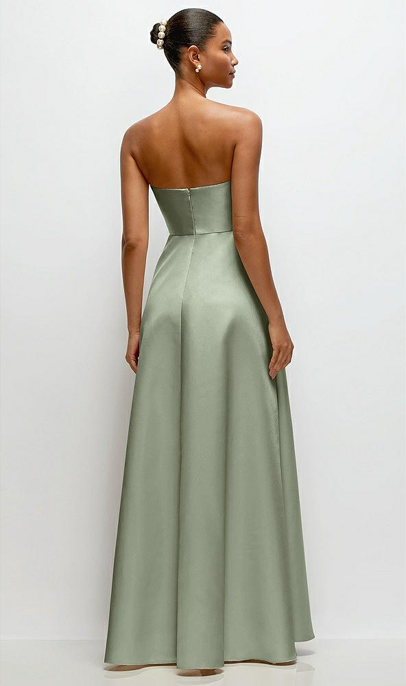 Back View - Sage Strapless Draped Cat-Eye Satin Maxi Dress with Full Skirt