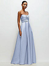 Front View Thumbnail - Sky Blue Strapless Draped Cat-Eye Satin Maxi Dress with Full Skirt