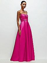 Front View Thumbnail - Think Pink Strapless Draped Cat-Eye Satin Maxi Dress with Full Skirt