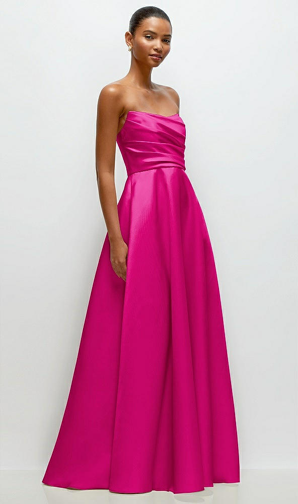 Front View - Think Pink Strapless Draped Cat-Eye Satin Maxi Dress with Full Skirt