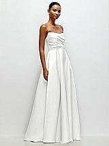 Front View Thumbnail - White Strapless Draped Cat-Eye Satin Maxi Dress with Full Skirt