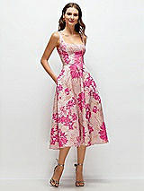 Front View Thumbnail - Hibiscus Pink Multi Hibiscus Pink Square Neck Floral Jacquard Midi Dress