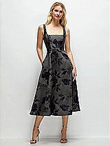 Front View Thumbnail - Noir Midnight Navy Noir Midnight Navy Square Neck Floral Metallic Jacquard Midi Dress