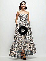 Video 1 Thumbnail - Indigo Midnight Strapless Cat-Eye Corset Gilt Indigo Brocade Floral High-Low Dress with Ruffle Hem