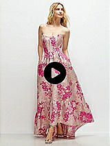 Video 1 Thumbnail - Hibiscus Pink Multi Strapless Cat-Eye Corset Hibiscus Pink Floral Jacquard High-Low Dress with Ruffle Hem