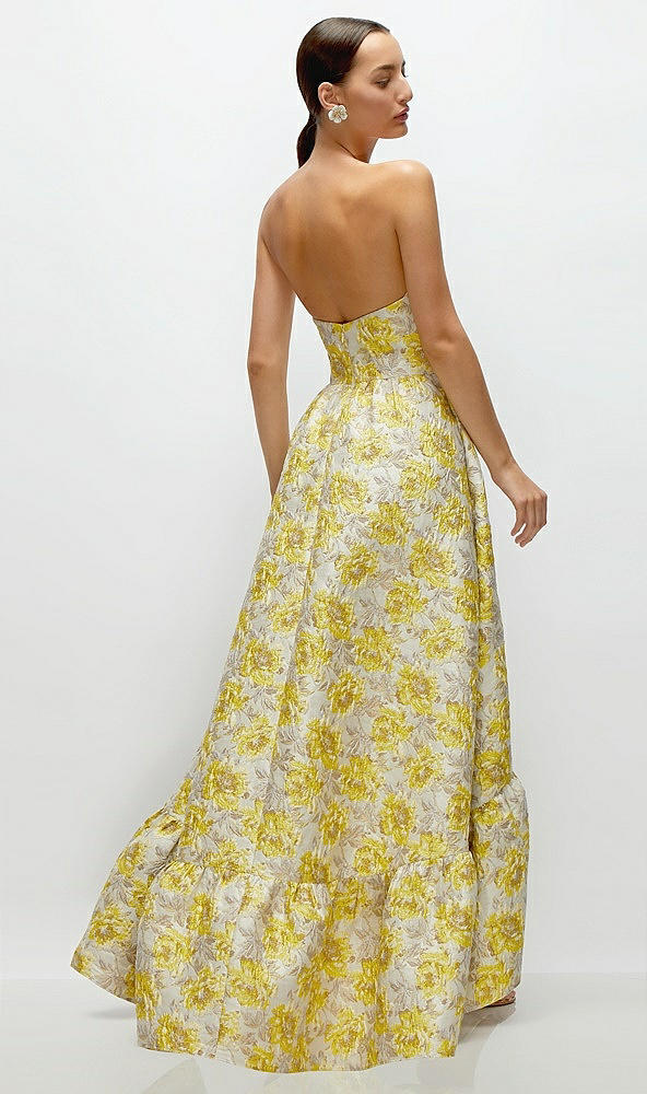 Back View - Golden Yellow Golden Yellow Strapless Cat-Eye Floral Jacquard Corset High-Low Dress with Ruffle Hem