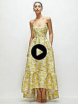 Video 1 Thumbnail - Golden Yellow Golden Yellow Strapless Cat-Eye Floral Jacquard Corset High-Low Dress with Ruffle Hem