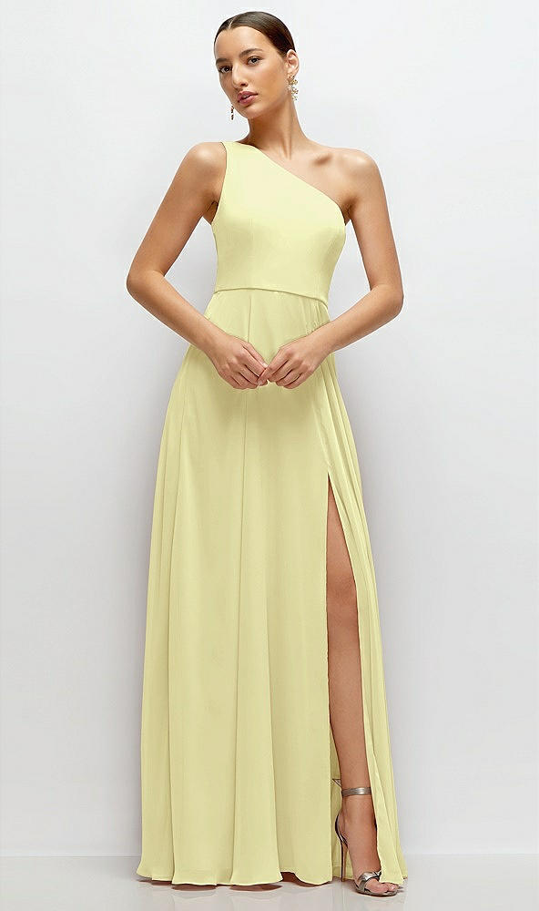 Front View - Butter Yellow Chiffon One-Shoulder Maxi Dress with Circle Skirt