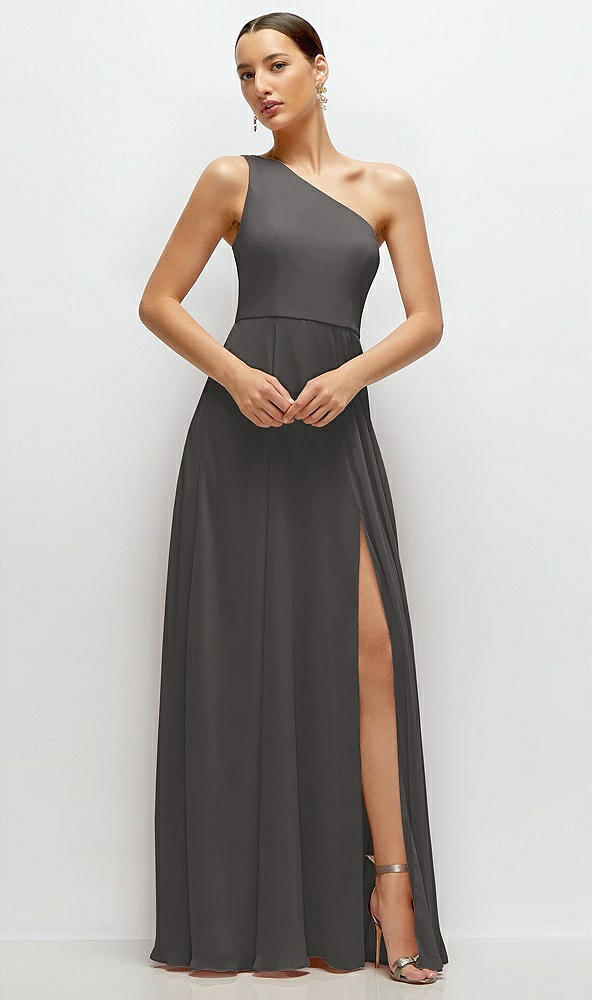 Front View - Caviar Gray Chiffon One-Shoulder Maxi Dress with Circle Skirt