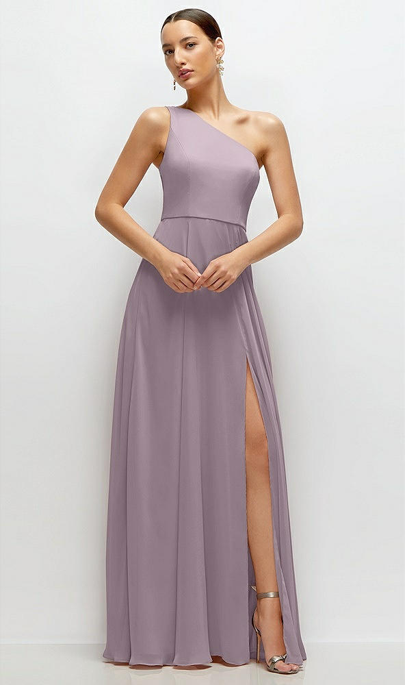 Front View - Lilac Dusk Chiffon One-Shoulder Maxi Dress with Circle Skirt