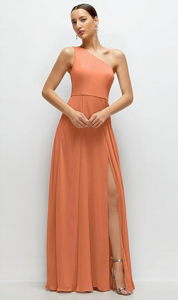 Front View - Sweet Melon Chiffon One-Shoulder Maxi Dress with Circle Skirt