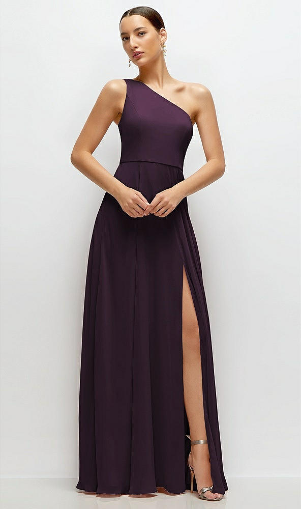 Front View - Aubergine Chiffon One-Shoulder Maxi Dress with Circle Skirt