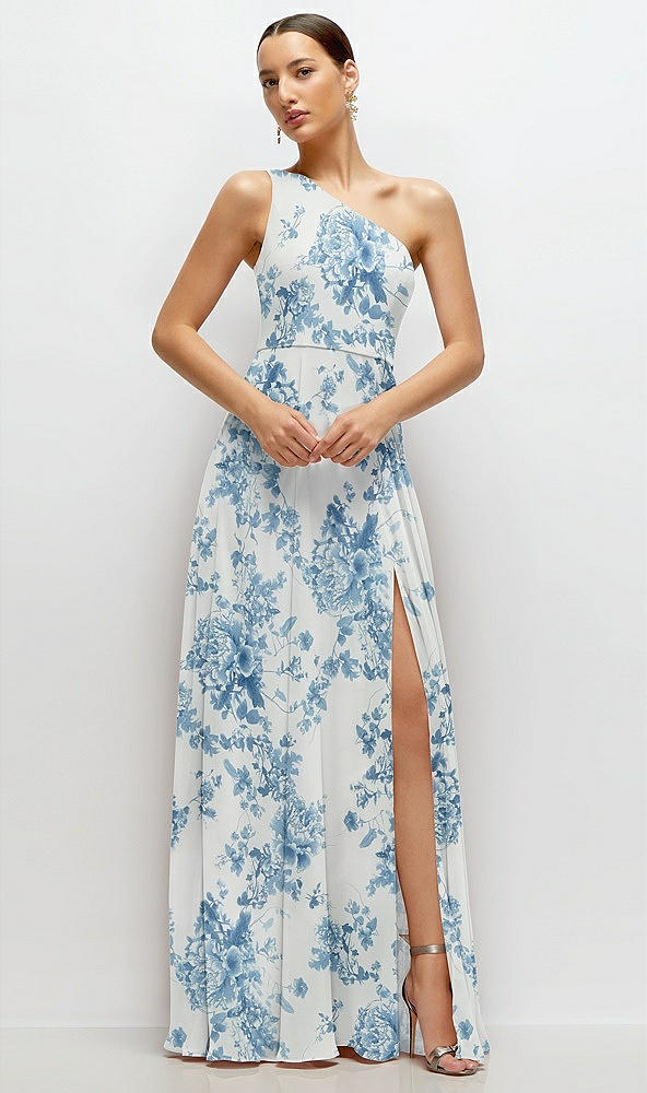 Front View - Cottage Rose Dusk Blue Chiffon One-Shoulder Maxi Dress with Circle Skirt