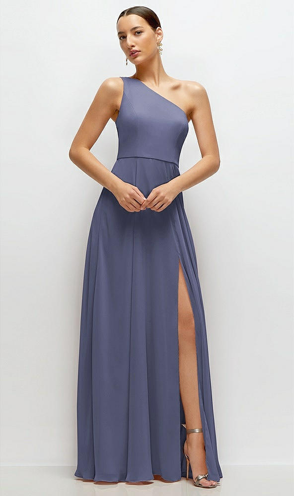 Front View - French Blue Chiffon One-Shoulder Maxi Dress with Circle Skirt