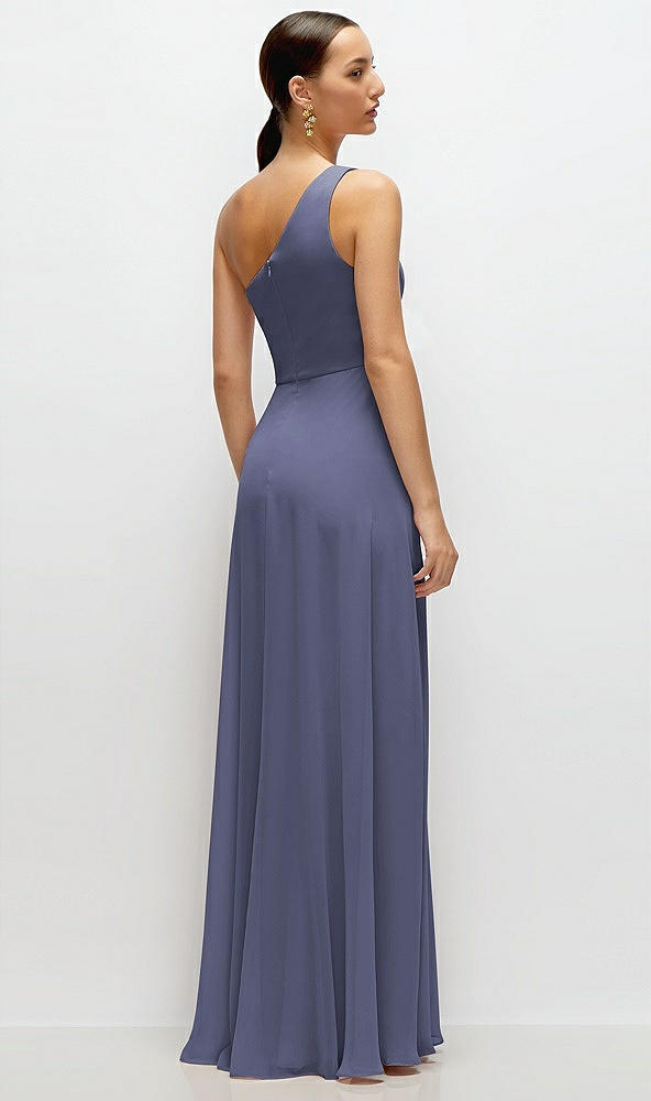 Back View - French Blue Chiffon One-Shoulder Maxi Dress with Circle Skirt