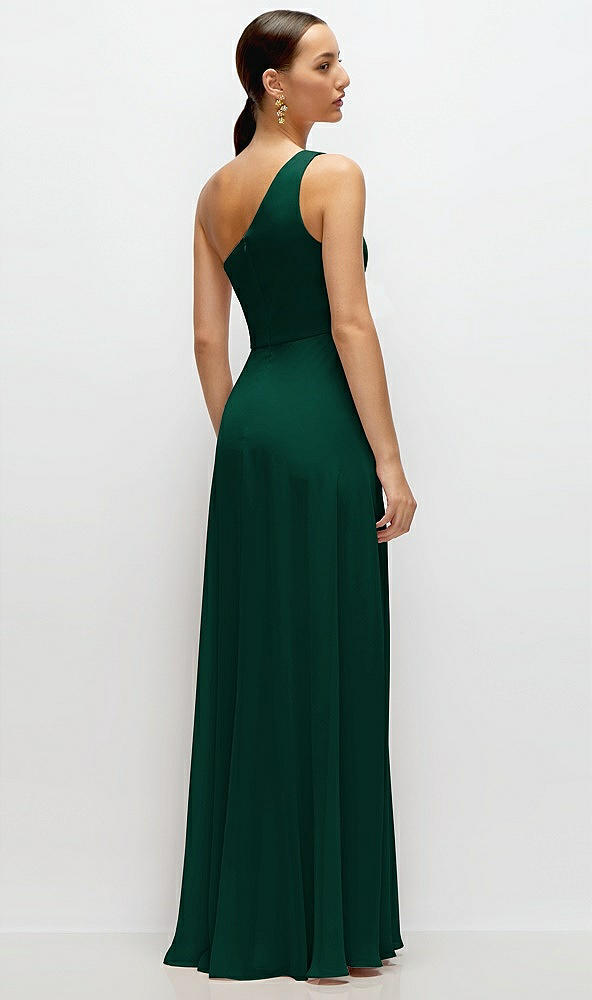 Back View - Hunter Green Chiffon One-Shoulder Maxi Dress with Circle Skirt