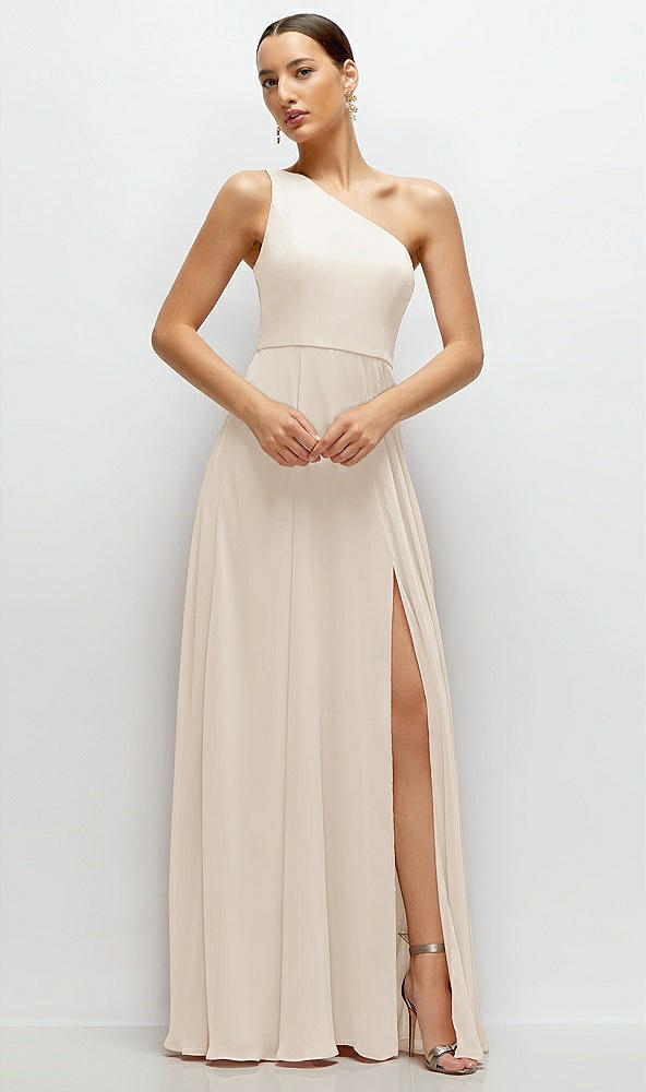 Front View - Oat Chiffon One-Shoulder Maxi Dress with Circle Skirt