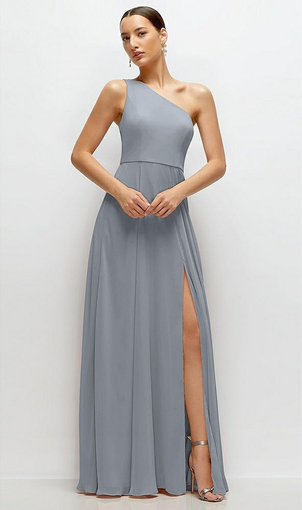 Front View - Platinum Chiffon One-Shoulder Maxi Dress with Circle Skirt