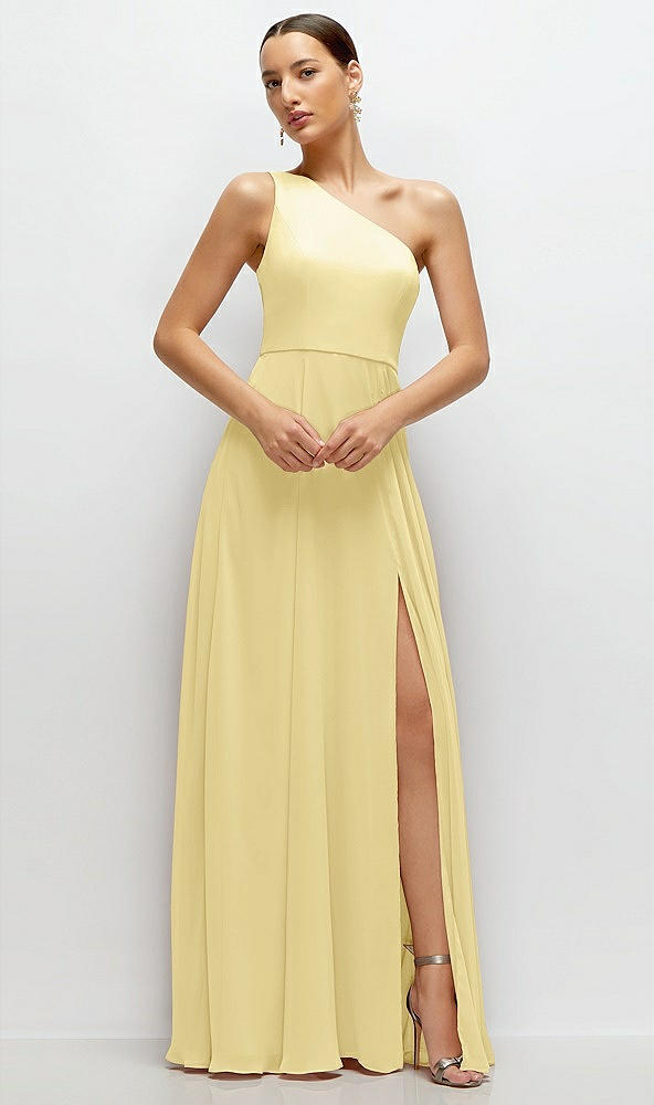 Front View - Pale Yellow Chiffon One-Shoulder Maxi Dress with Circle Skirt