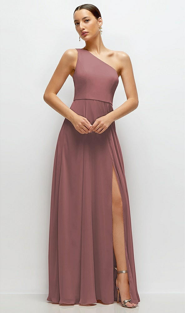 Front View - Rosewood Chiffon One-Shoulder Maxi Dress with Circle Skirt