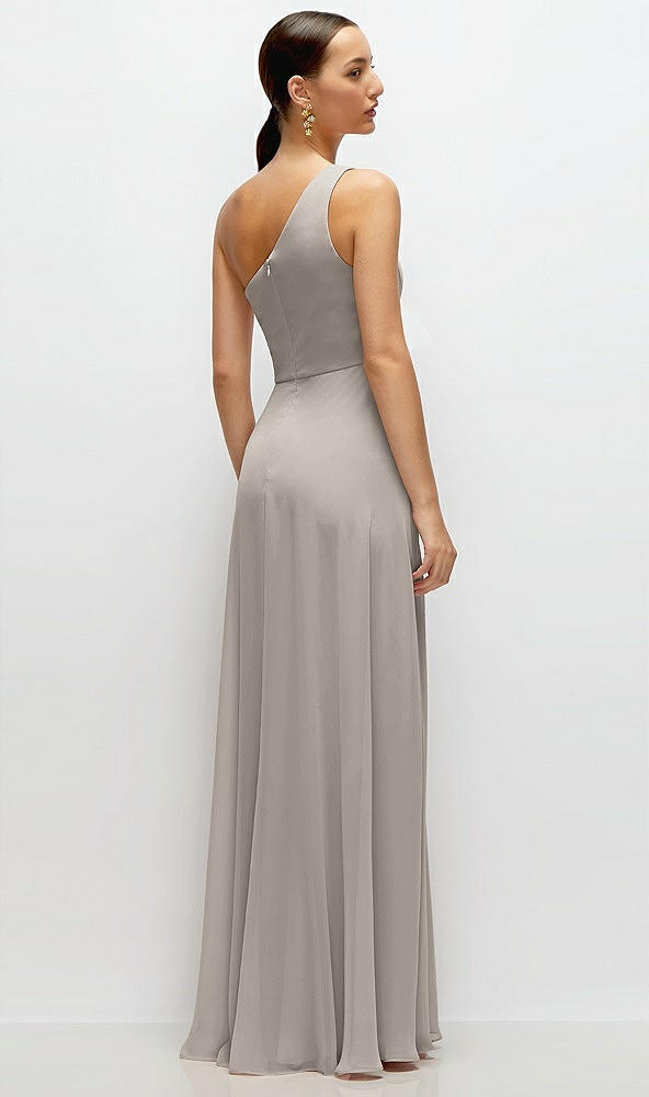 Back View - Taupe Chiffon One-Shoulder Maxi Dress with Circle Skirt