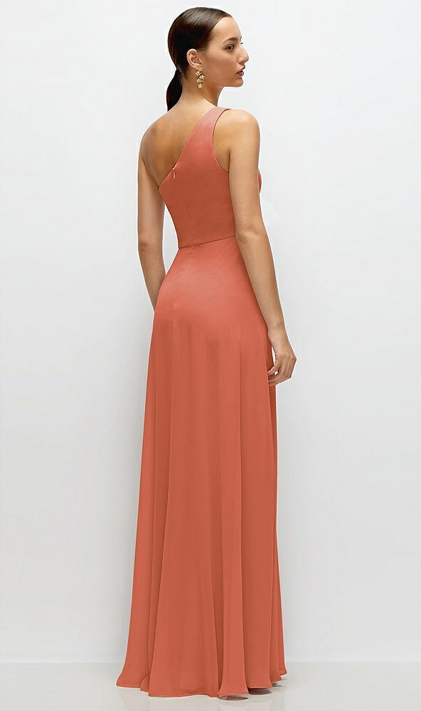 Back View - Terracotta Copper Chiffon One-Shoulder Maxi Dress with Circle Skirt