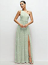 Front View Thumbnail - Vintage Primrose Sage Chiffon One-Shoulder Maxi Dress with Circle Skirt