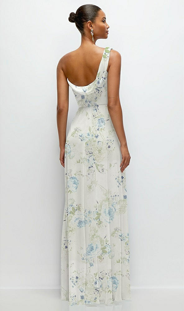 Back View - Bleu Garden Chiffon One-Shoulder Maxi Dress with Draped Cowl Neckline