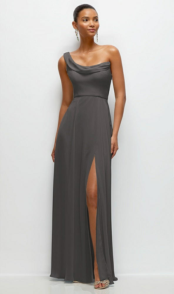 Front View - Caviar Gray Chiffon One-Shoulder Maxi Dress with Draped Cowl Neckline