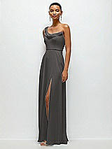 Side View Thumbnail - Caviar Gray Chiffon One-Shoulder Maxi Dress with Draped Cowl Neckline