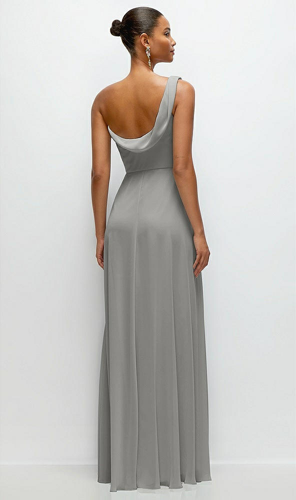 Back View - Chelsea Gray Chiffon One-Shoulder Maxi Dress with Draped Cowl Neckline