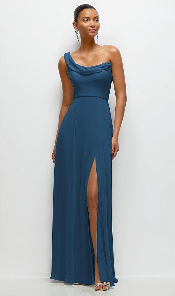 Front View - Dusk Blue Chiffon One-Shoulder Maxi Dress with Draped Cowl Neckline