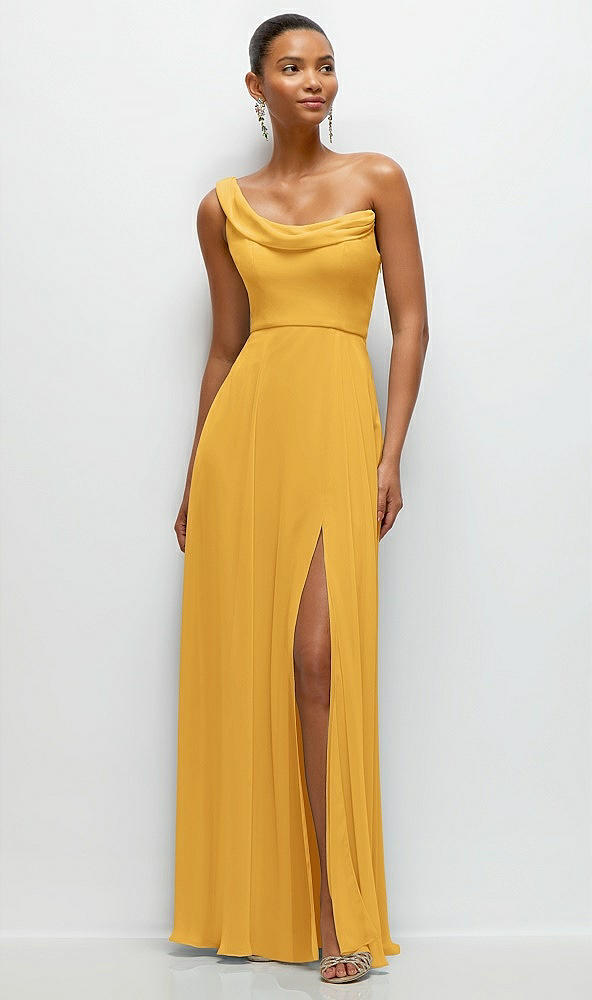 Front View - NYC Yellow Chiffon One-Shoulder Maxi Dress with Draped Cowl Neckline