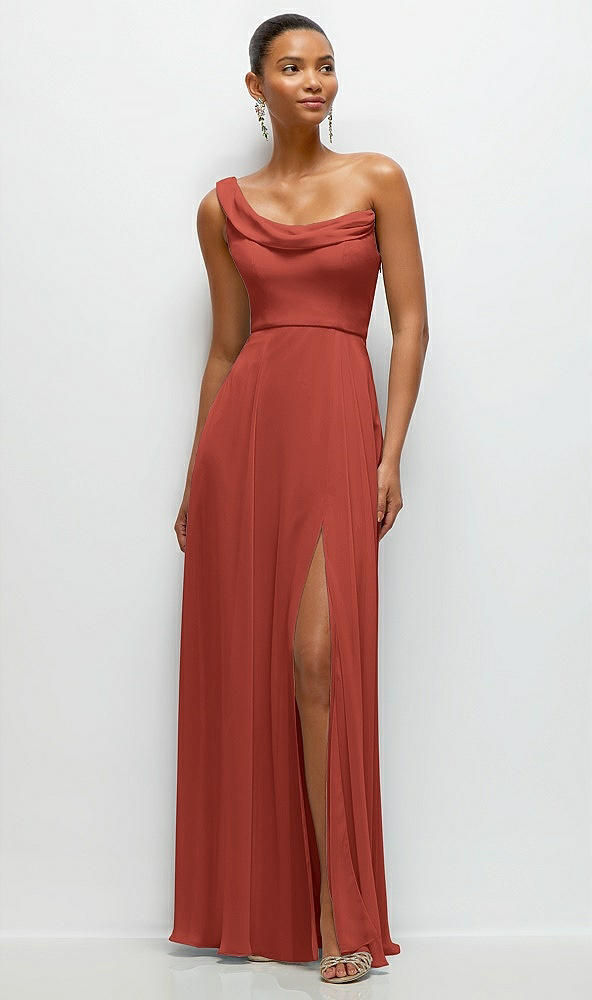 Front View - Amber Sunset Chiffon One-Shoulder Maxi Dress with Draped Cowl Neckline