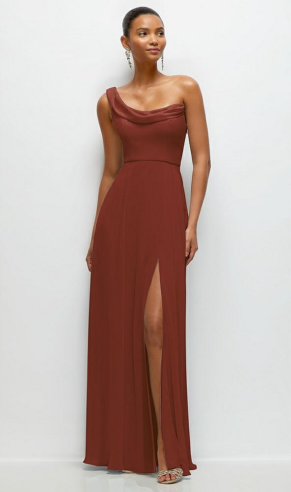 Front View - Auburn Moon Chiffon One-Shoulder Maxi Dress with Draped Cowl Neckline