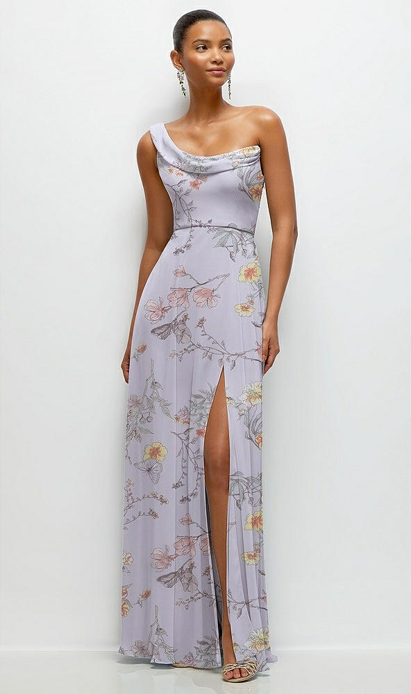 Front View - Butterfly Botanica Silver Dove Chiffon One-Shoulder Maxi Dress with Draped Cowl Neckline