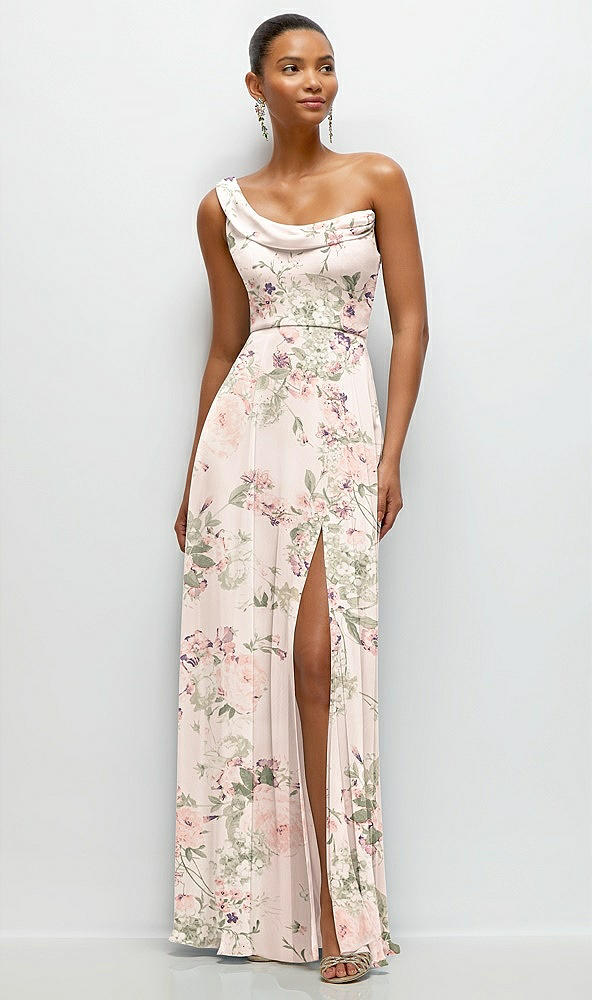 Front View - Blush Garden Chiffon One-Shoulder Maxi Dress with Draped Cowl Neckline