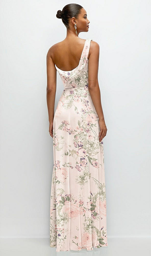 Back View - Blush Garden Chiffon One-Shoulder Maxi Dress with Draped Cowl Neckline