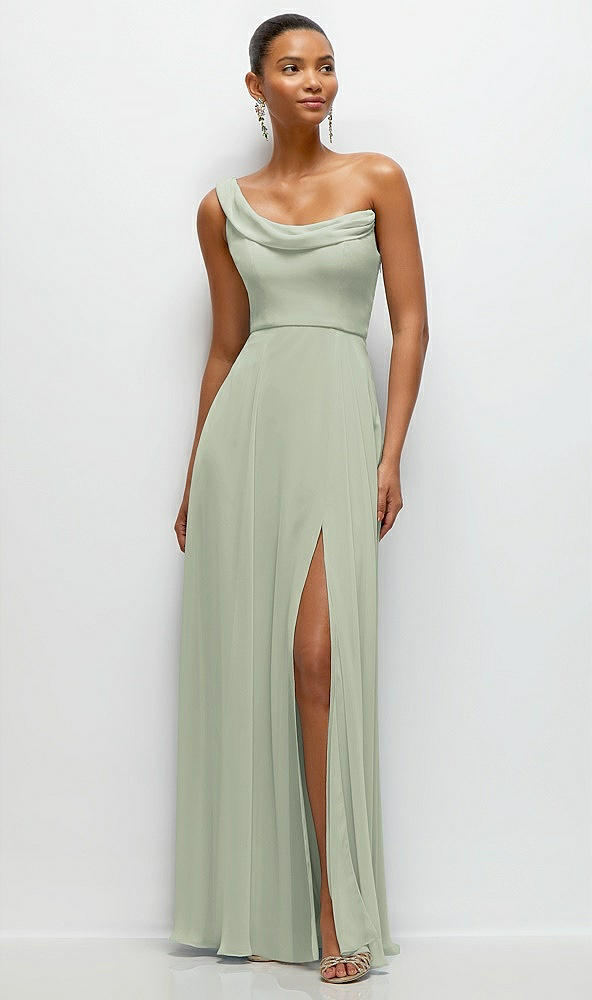 Front View - Celadon Chiffon One-Shoulder Maxi Dress with Draped Cowl Neckline