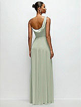 Rear View Thumbnail - Celadon Chiffon One-Shoulder Maxi Dress with Draped Cowl Neckline