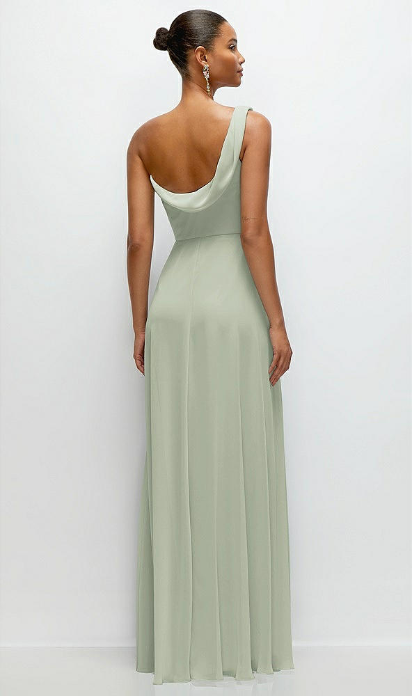 Back View - Celadon Chiffon One-Shoulder Maxi Dress with Draped Cowl Neckline